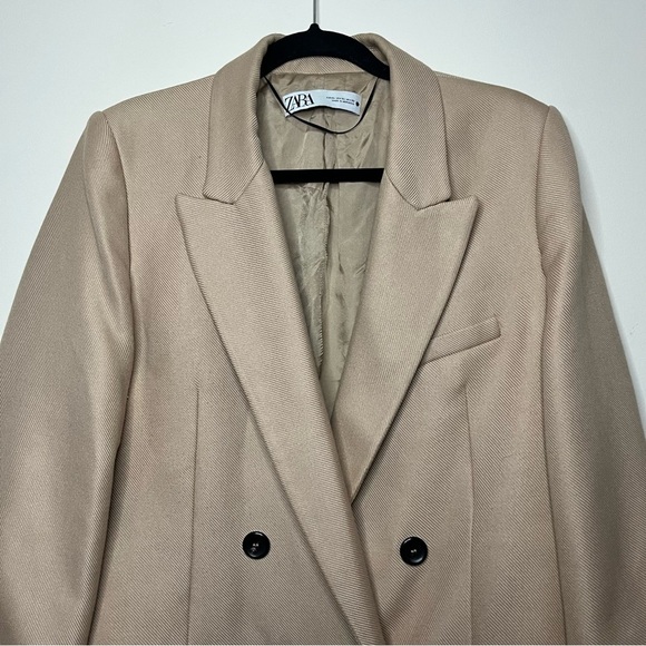 ZARA Tan Double Breasted Classic Timeless Peacoat Business Casual Winter Coat - Picture 4 of 11